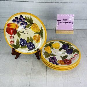 Tabletops CORNUCOPIA Hand Crafted Yellow Band Fruit Lunch Salad Plates Set 4